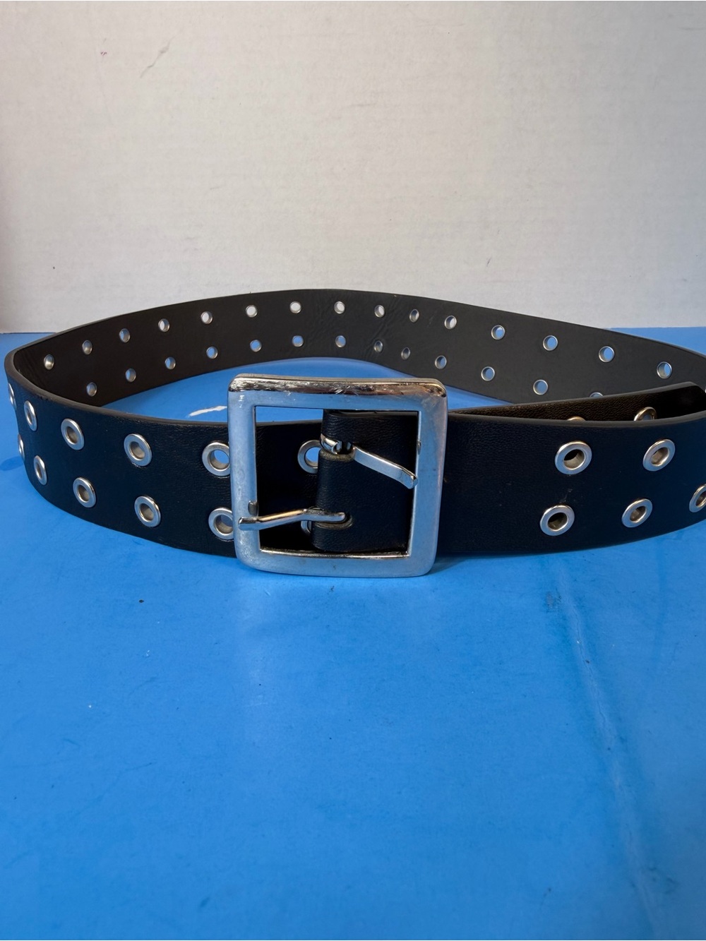 Black Double-Row Grommet Leather Belt with Silver Buckle